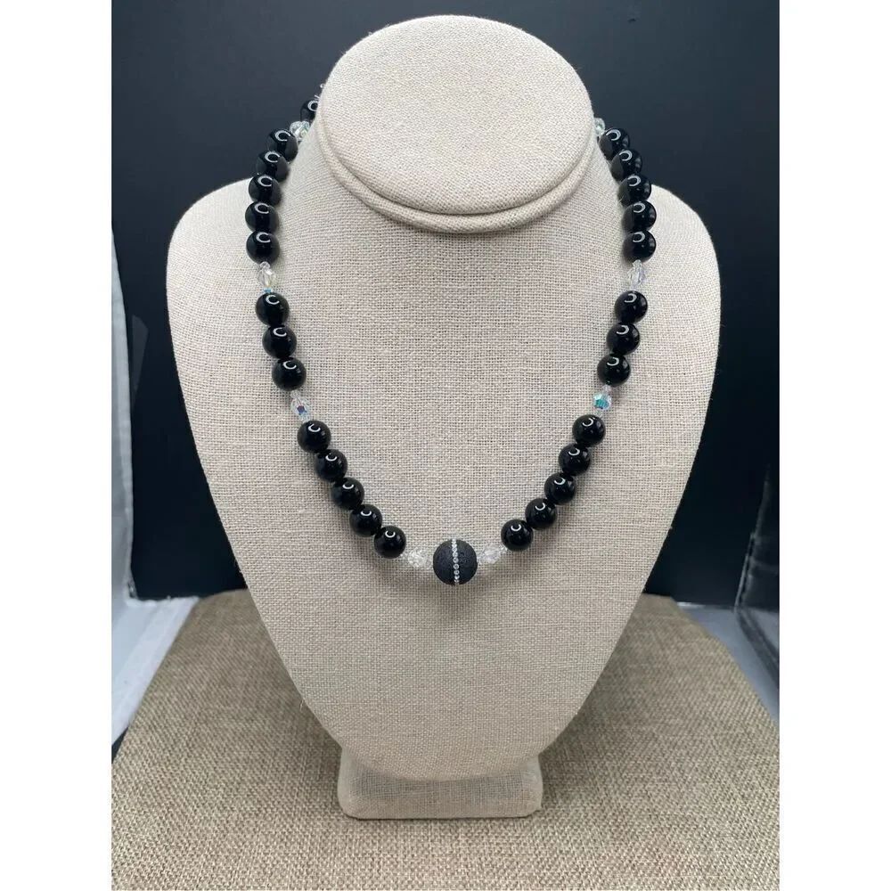 Vintage Tourmaline Black Beaded Choker Necklace with Silver Ball Push Clasp